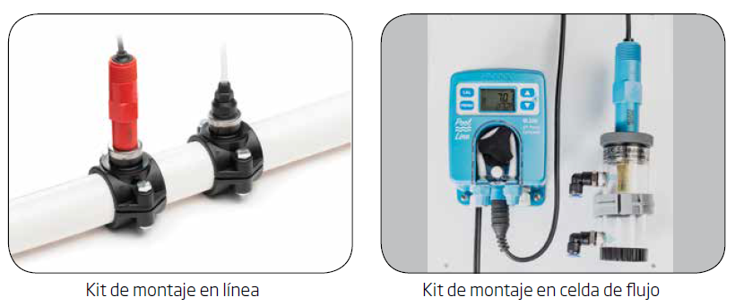 Comparación de montaje en línea y celda de flujo para sensores de pH y REDOX en piscinas.